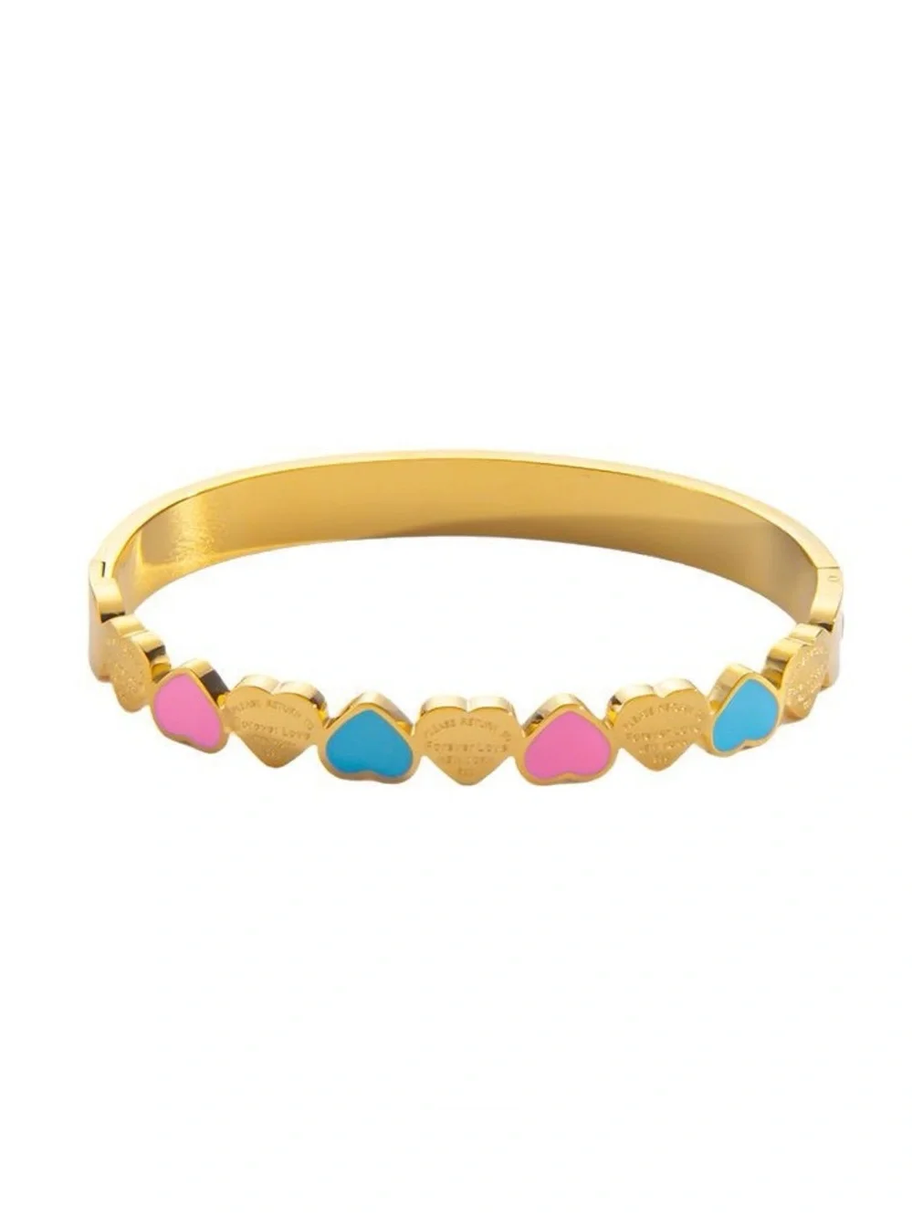 Stainless Steel Gold Heart Enamel Bangle Bracelet with Pink & Blue Hearts